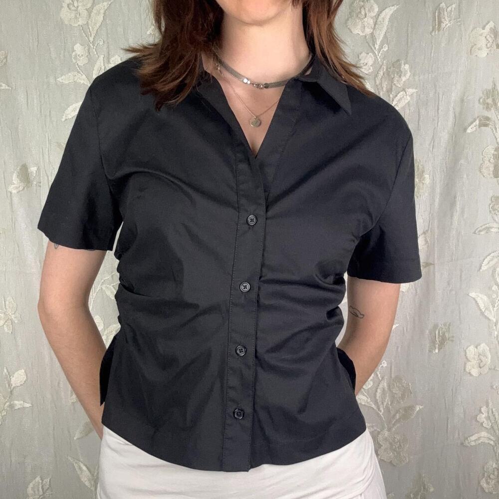 Black short sleeve button up shirt with gathered side stitches